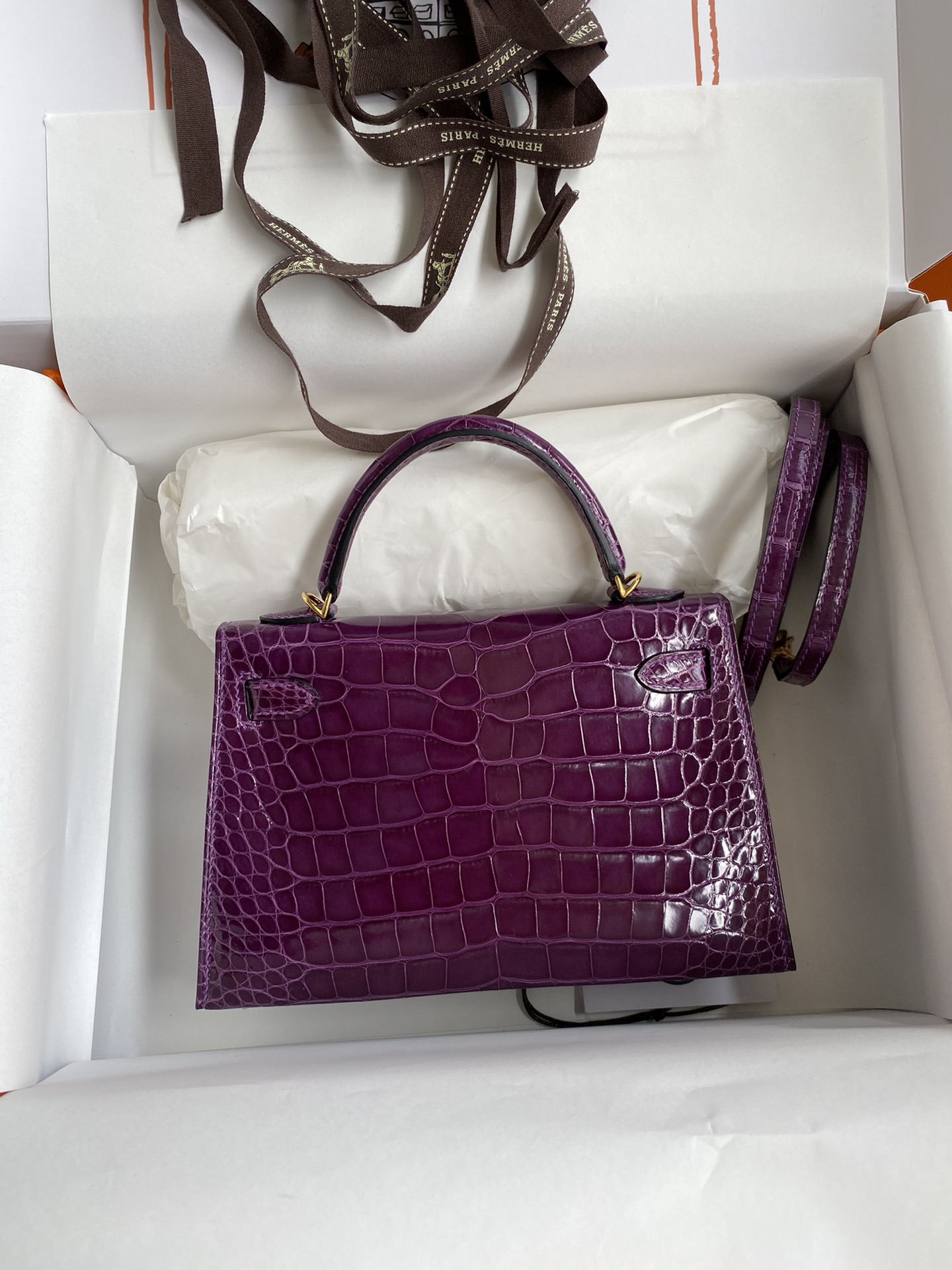 Hermes Kelly Mini II Bag 19CM In Dark Purple Shiny Alligator Leather